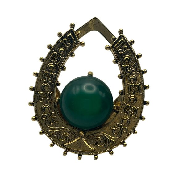 art Jewelry - Vintage Signed ART Gold Tone and Green Gemstone Brooch